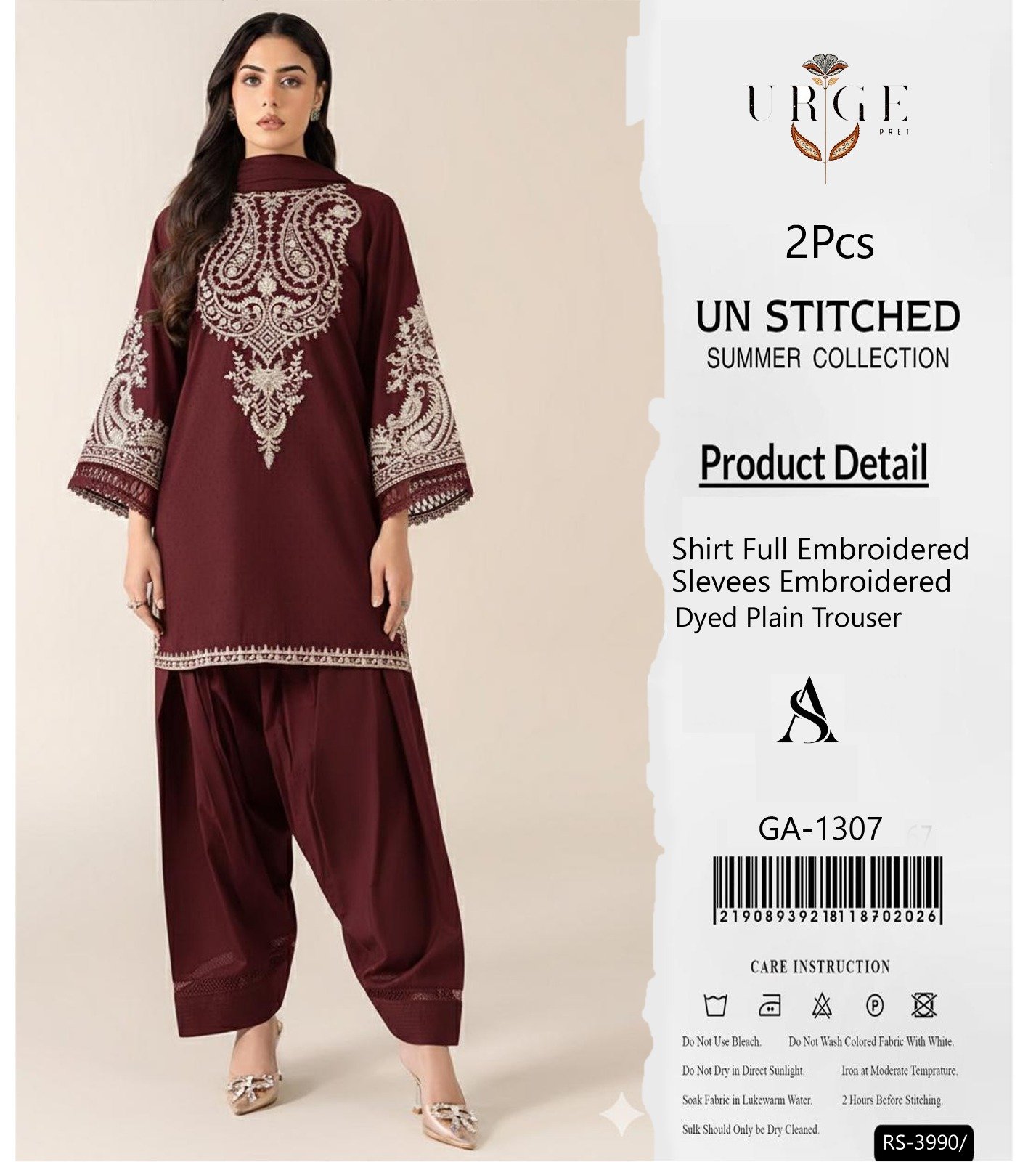 2Pc Heavy Embroidery Summer Collection ( Unstitched ) - Image 4
