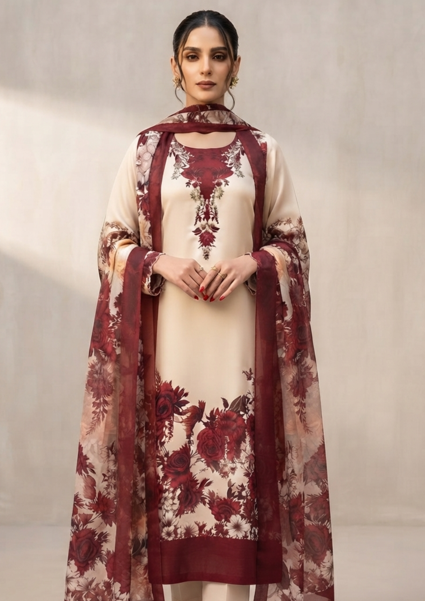 3pc Silk Unstitiched Suit Flower Style