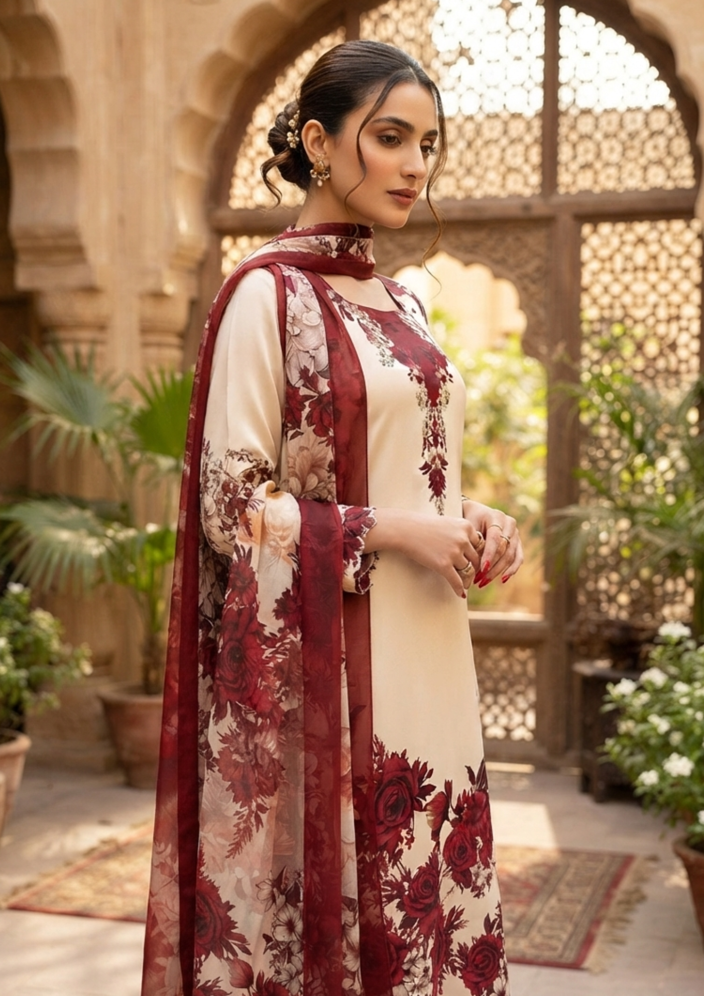 3pc Silk Unstitiched Suit Flower Style - Image 3