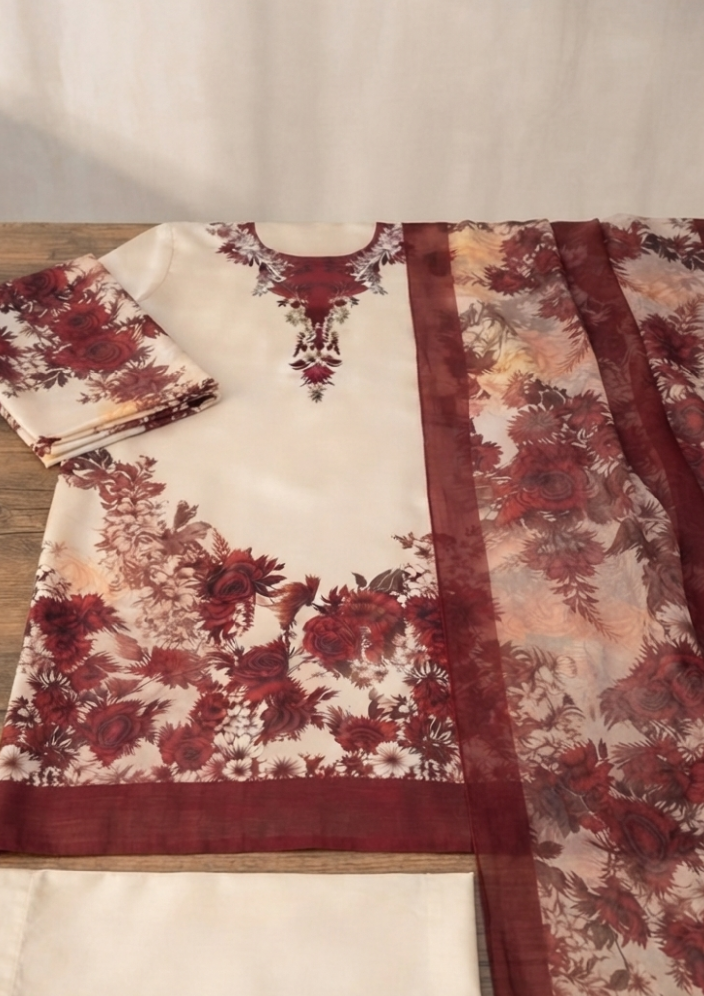3pc Silk Unstitiched Suit Flower Style - Image 4