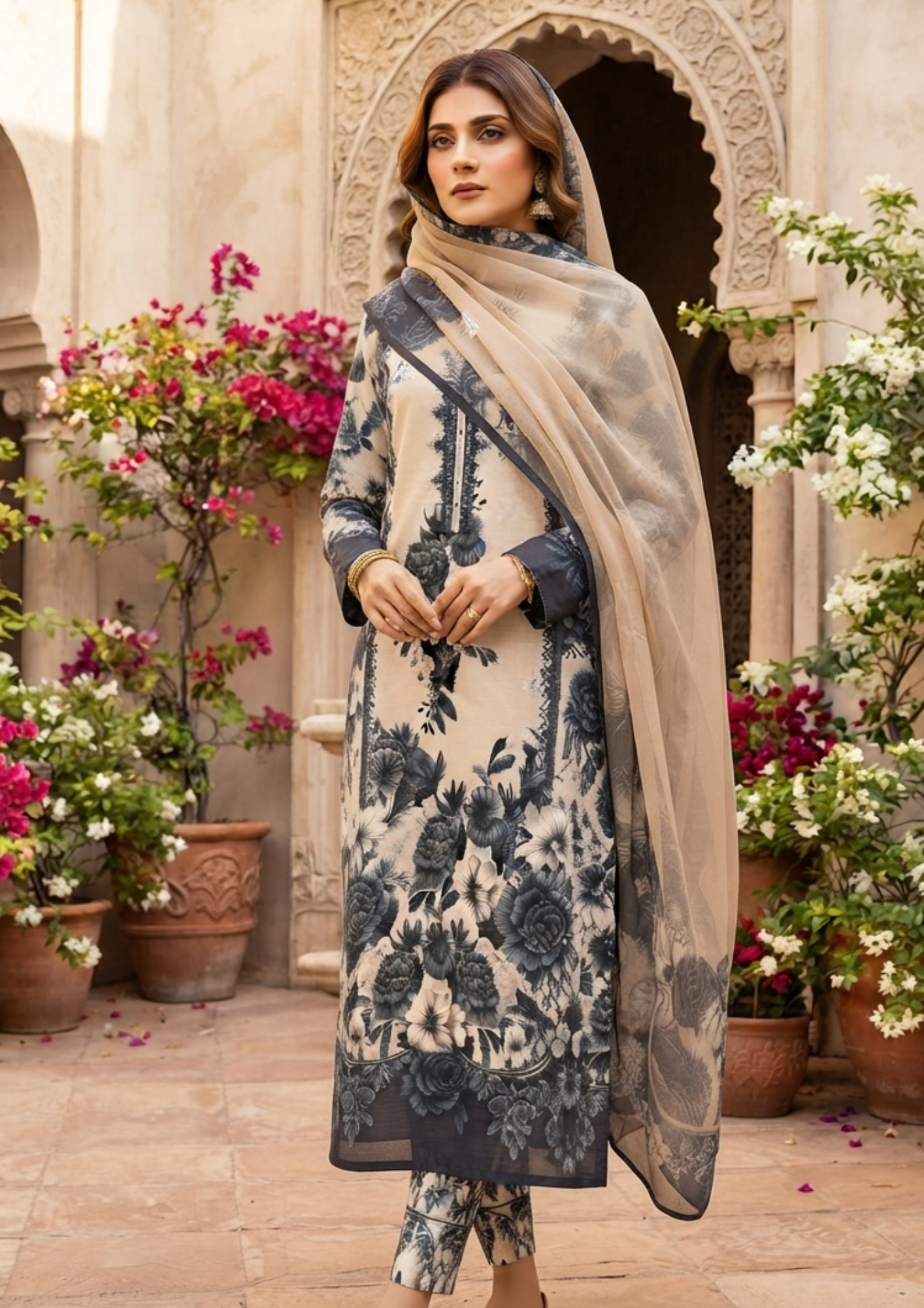 3pc Silk Unstitiched Suit Flower Style - Image 6