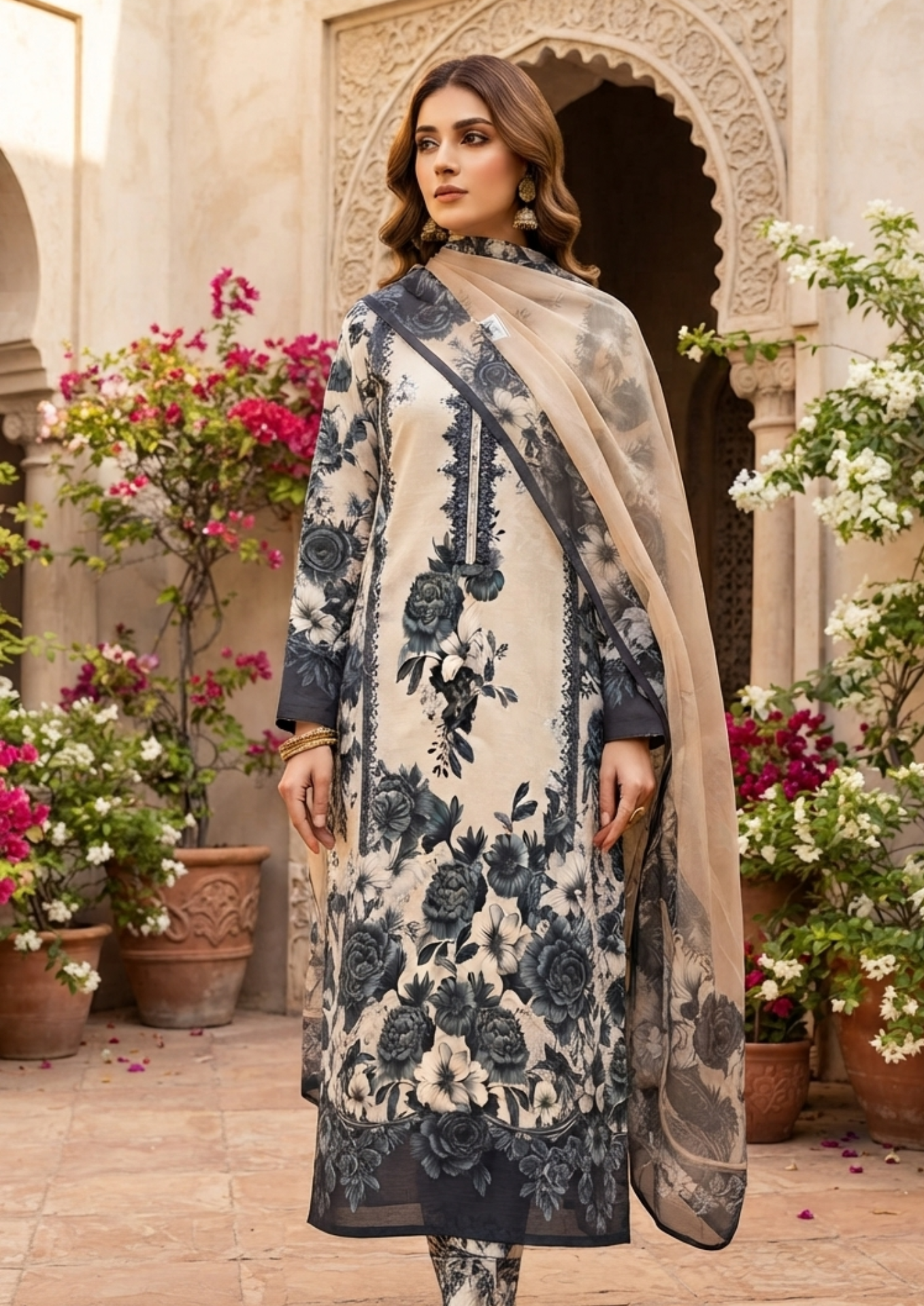 3pc Silk Unstitiched Suit Flower Style - Image 5