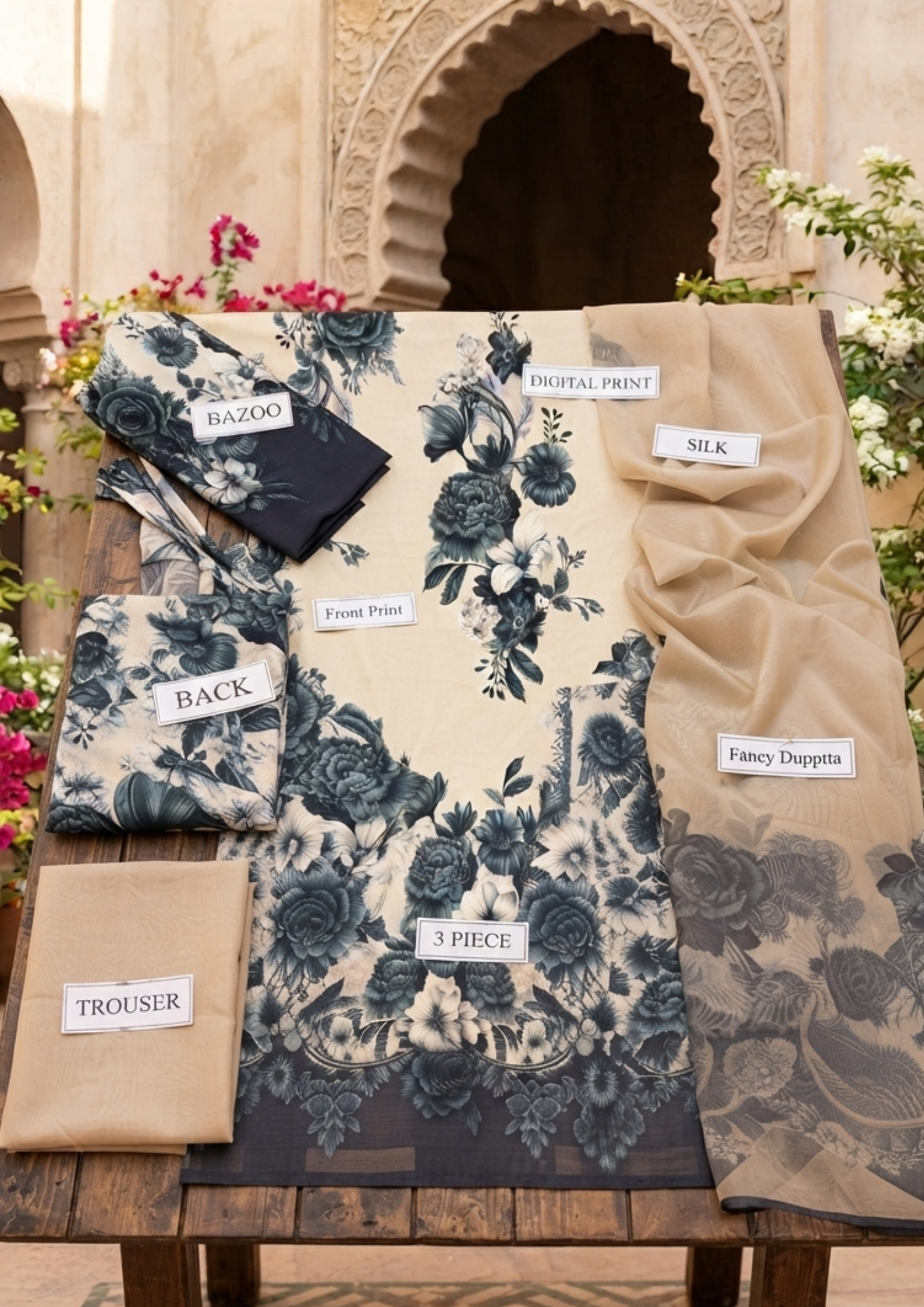 3pc Silk Unstitiched Suit Flower Style - Image 7